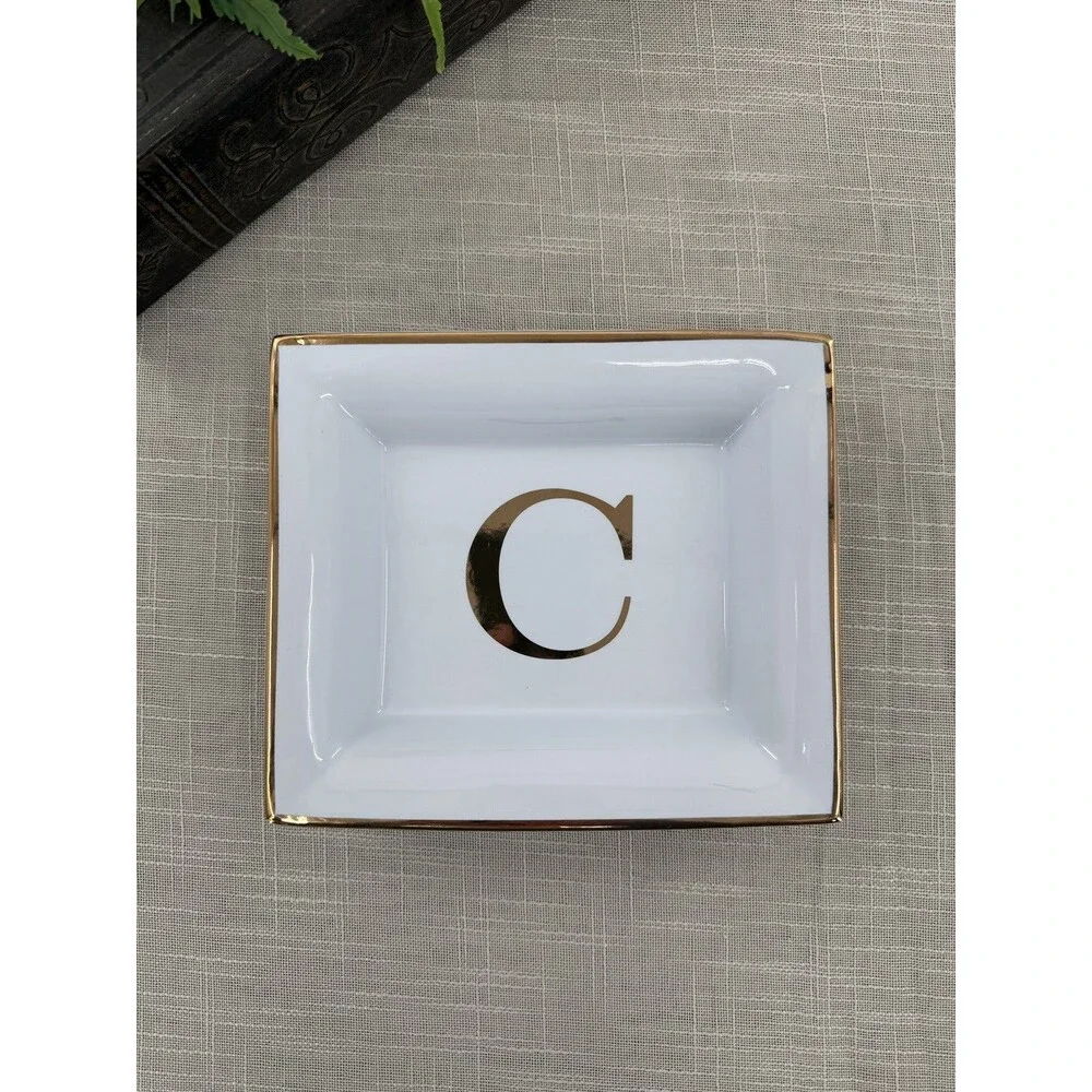 Pottery Barn monogram “C” trinket dish white with gold BSR her+project